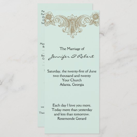 Blue Gold Cream Lijst bruiloft programma Programmakaart (Voorkant / Achterkant)