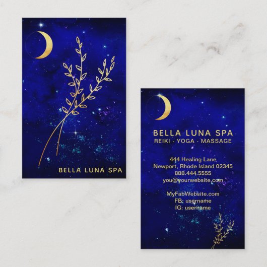 *~* Blue Gold Crescent Moon Branch Leaves Visitekaartje (Voorkant / Achterkant)