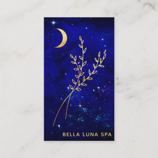 *~* Blue Gold Crescent Moon Foliage Leaves Visitekaartje (Voorkant)