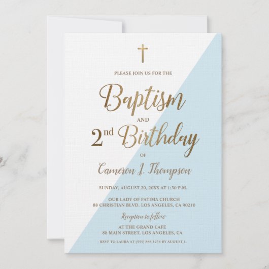Blue Gold Cross Baptism 2e verjaardag Uitnodiging (Voorkant)