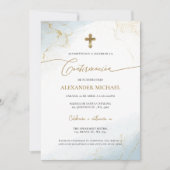 Blue Gold Cross Boy Confirmation Confirmacion Kaart (Voorkant)