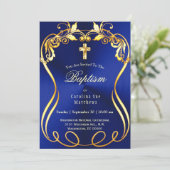 Blue Gold Cross Elegant Baptisme Kaart (Staand voorkant)
