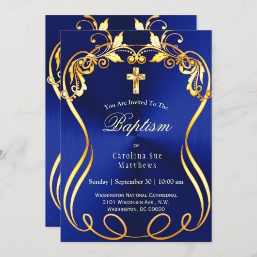 Blue Gold Cross Elegant Baptisme Kaart (Voorkant / Achterkant)