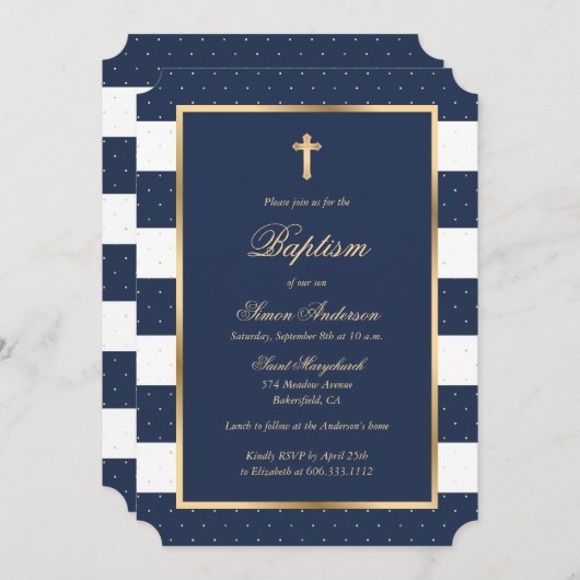 Blue Gold Cross Lijst Elegante Jongensdoop Kaart (Voorkant / Achterkant)