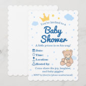 Blue & Gold Crown Baby Shower Invitation for Boy Kaart (Voorkant / Achterkant)