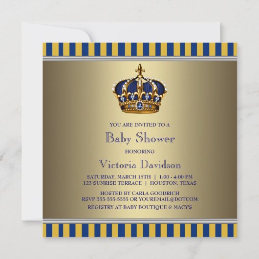Blue Gold Crown Little Prince Baby shower Kaart (Achterkant)