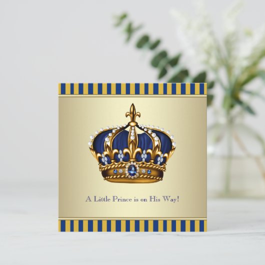 Blue Gold Crown Little Prince Baby shower Kaart (Staand voorkant)
