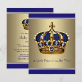 Blue & Gold Crown Little Prince Baby shower Kaart (Voorkant / Achterkant)