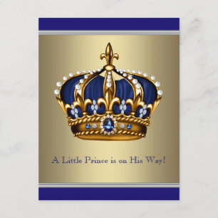 Blue & Gold Crown Little Prince Baby shower Kaart