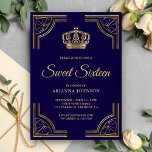 Blue Gold  Crown Sweet Sixteen Kaart<br><div class="desc">Verrijk je gasten met dit koninklijke thema, zestien zoete uitnodigingen met een elegante gouden grens en een mooie kroon. Voeg eenvoudig uw gebeurtenisdetails op deze makkelijk te gebruiken sjabloon toe om het één-van-een-soort uitnodiging te maken. Draai de kaart om een prachtig gouden patroon op de achterkant van de kaart te...</div>