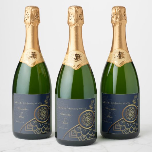 Blue & Gold | Custom Names, Dates Sparkling Wijnetiket (Flessen)