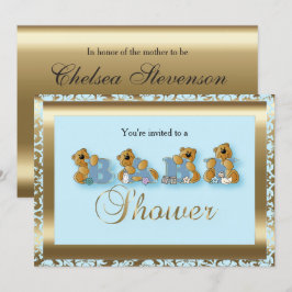 Blue & Gold Damask met Teddy Bear | BABY SHOWER Kaart