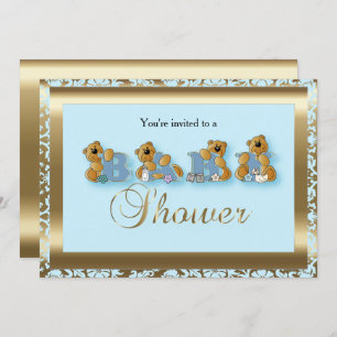 Blue & Gold Damask met Teddy Bear BABY SHOWER Kaart