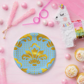 Blue Gold Damask Patroon Papieren Bordje (Feest)