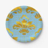 Blue Gold Damask Patroon Papieren Bordje (Voorkant)