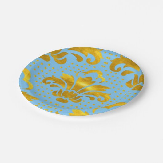 Blue Gold Damask Patroon Papieren Bordje (Gekanteld)
