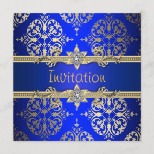 Blue Gold Damask Royal Blue Party Kaart