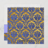 Blue Gold Damask Wedding Monogram Uitnodiging (Voorkant / Achterkant)