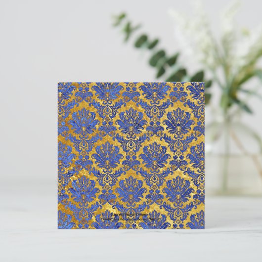 Blue Gold Damask Wedding Monogram Uitnodiging (Staand voorkant)