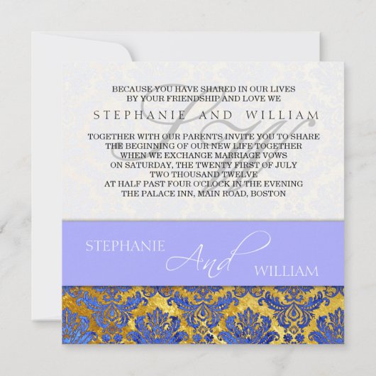 Blue Gold Damask Wedding Monogram Uitnodiging (Achterkant)