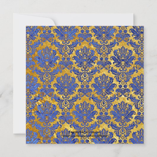 Blue Gold Damask Wedding Monogram Uitnodiging (Voorkant)