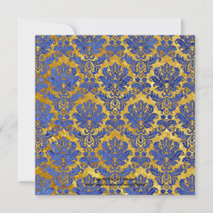 Blue Gold Damask Wedding Monogram Uitnodiging