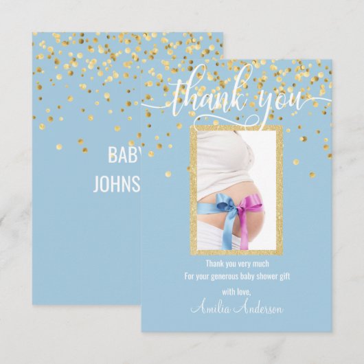 Blue Gold DANK JE Baby shower BOY | FOTO Bedankkaart (Voorkant / Achterkant)
