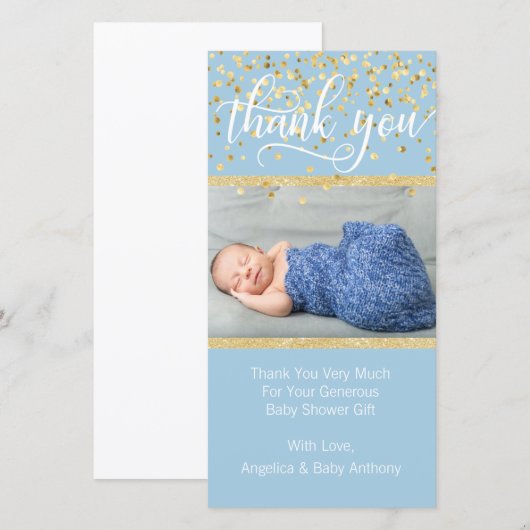 Blue Gold DANK JE Baby shower BOY | FOTO Bedankkaart (Voorkant / Achterkant)