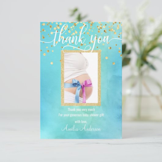 Blue Gold DANK JE Baby shower BOY | FOTO Bedankkaart (Staand voorkant)