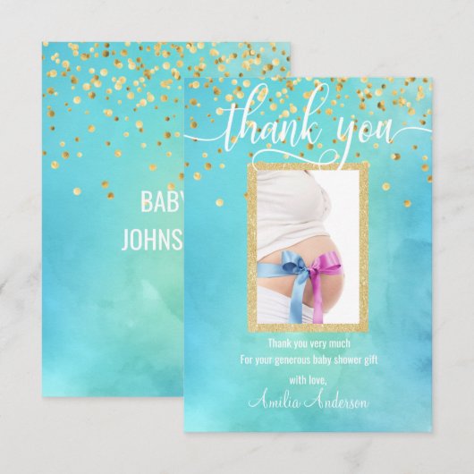 Blue Gold DANK JE Baby shower BOY | FOTO Bedankkaart (Voorkant / Achterkant)