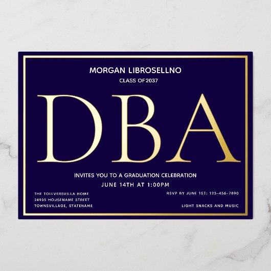Blue Gold DBA-Afstuderen Folie Uitnodiging (Voorkant)