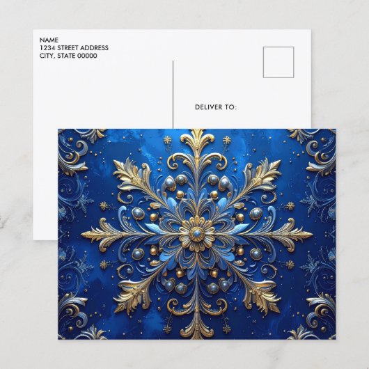 Blue Gold Decorative Holiday Postcard Briefkaart (Voorkant / Achterkant)