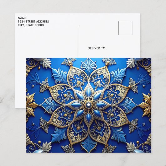 Blue Gold Decorative Holiday Postcard Briefkaart (Voorkant / Achterkant)