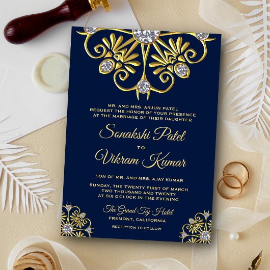 Blue Gold Diamond Mandala Indian Wedding Invite Kaart