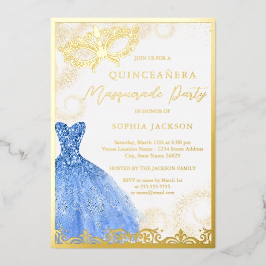 Blue Gold Dress Masquerade Party Quinceanera Folie Uitnodiging (Voorkant)