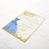 Blue Gold Dress Masquerade Party Quinceanera Folie Uitnodiging (Gedraaid)