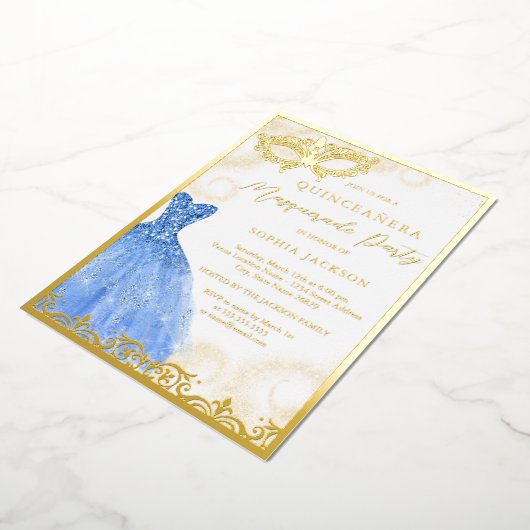 Blue Gold Dress Masquerade Party Quinceanera Folie Uitnodiging (Gedraaid)
