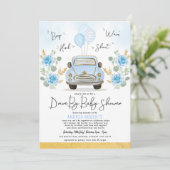 Blue Gold Drive met Baby shower Greenery Retro Car Kaart (Staand voorkant)