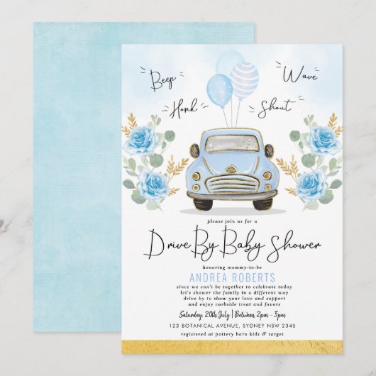 Blue Gold Drive met Baby shower Greenery Retro Car Kaart (Voorkant / Achterkant)