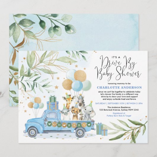 Blue Gold drive van Safari Animals Boy Baby shower Kaart (Voorkant / Achterkant)