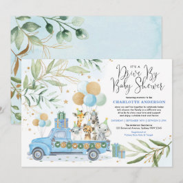 Blue Gold drive van Safari Animals Boy Baby shower Kaart