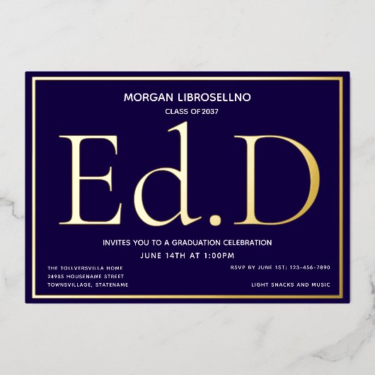 Blue Gold Ed.D Afstuderen Folie Uitnodiging (Voorkant)
