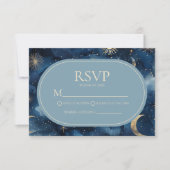 Blue Gold Elegant Celestial Starry Sky Wedding RSVP Kaartje (Voorkant)
