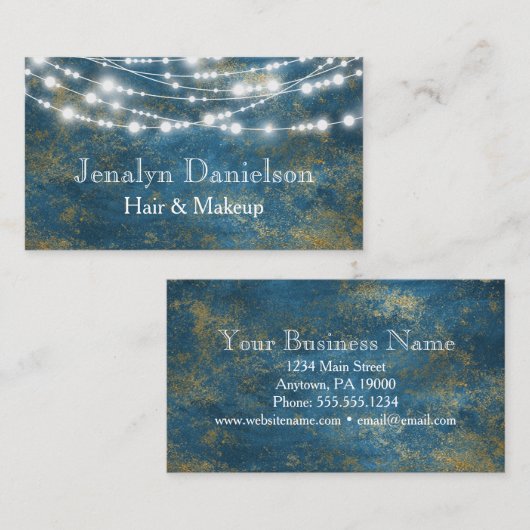 Blue Gold Elegant Festive Hanging String Lights Visitekaartje (Voorkant / Achterkant)