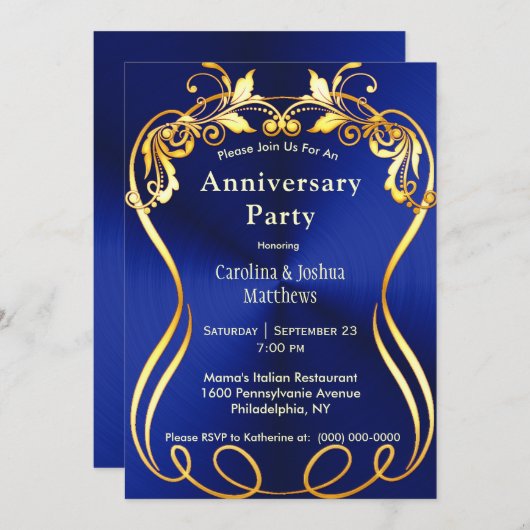 Blue Gold Elegant Jubileum Kaart (Voorkant / Achterkant)