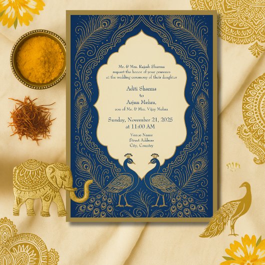 blue gold Elegant Peacock Hindu Wedding Kaart