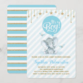 Blue Gold Elephant Baby shower Twinkle Star Uitnod Kaart (Voorkant / Achterkant)