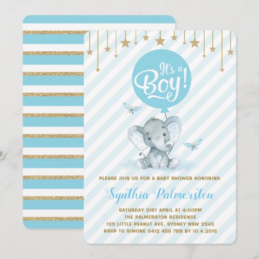 Blue Gold Elephant Baby shower Twinkle Star Uitnod Kaart (Voorkant / Achterkant)