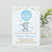 Blue Gold Elephant Baby shower Twinkle Star Uitnod Kaart (Staand voorkant)