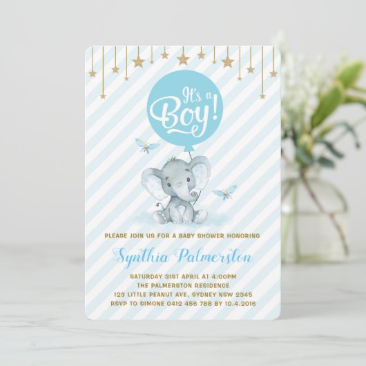 Blue Gold Elephant Baby shower Twinkle Star Uitnod Kaart (Staand voorkant)